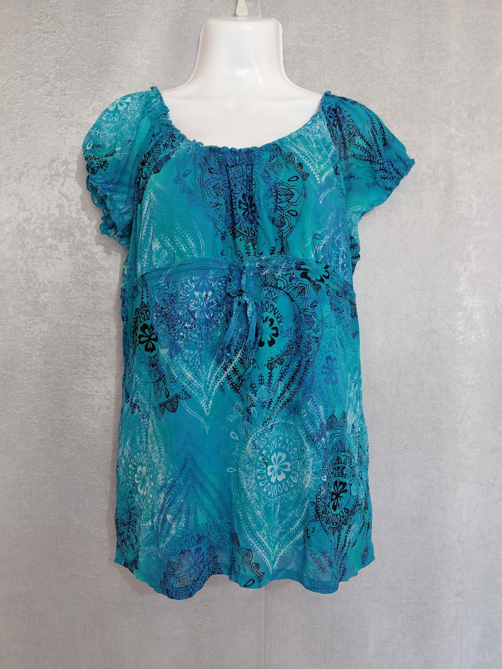 Axcess A Liz Claiborne Company Y2k Style Teal Blue Paisley Peasant Blous Sz L
